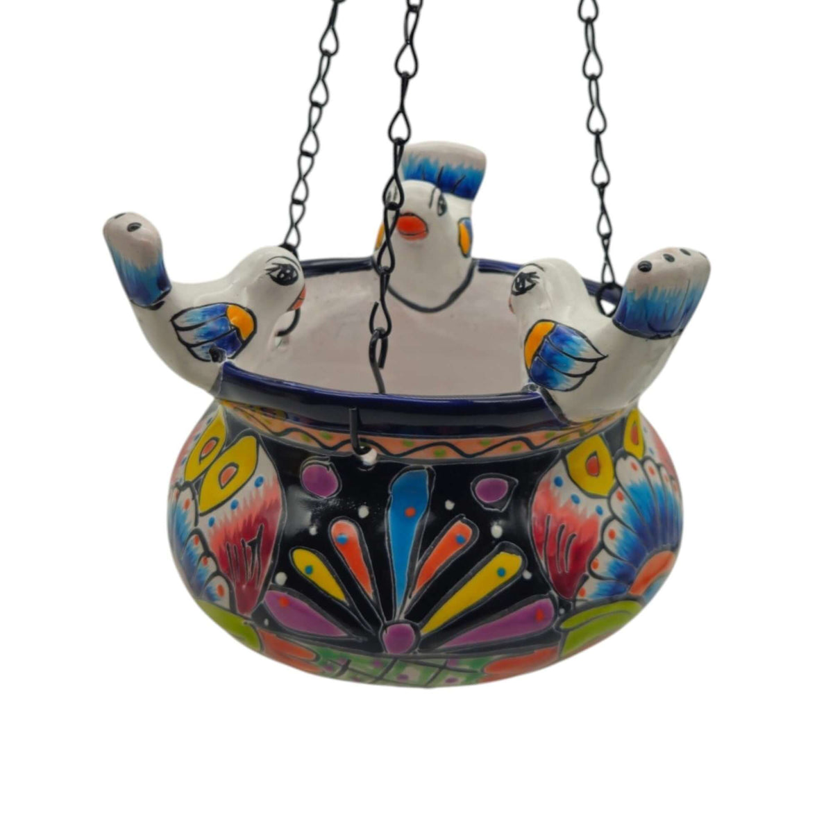 Talavera Hanging Planter with Birds | Small Handmade Ceramic Pot