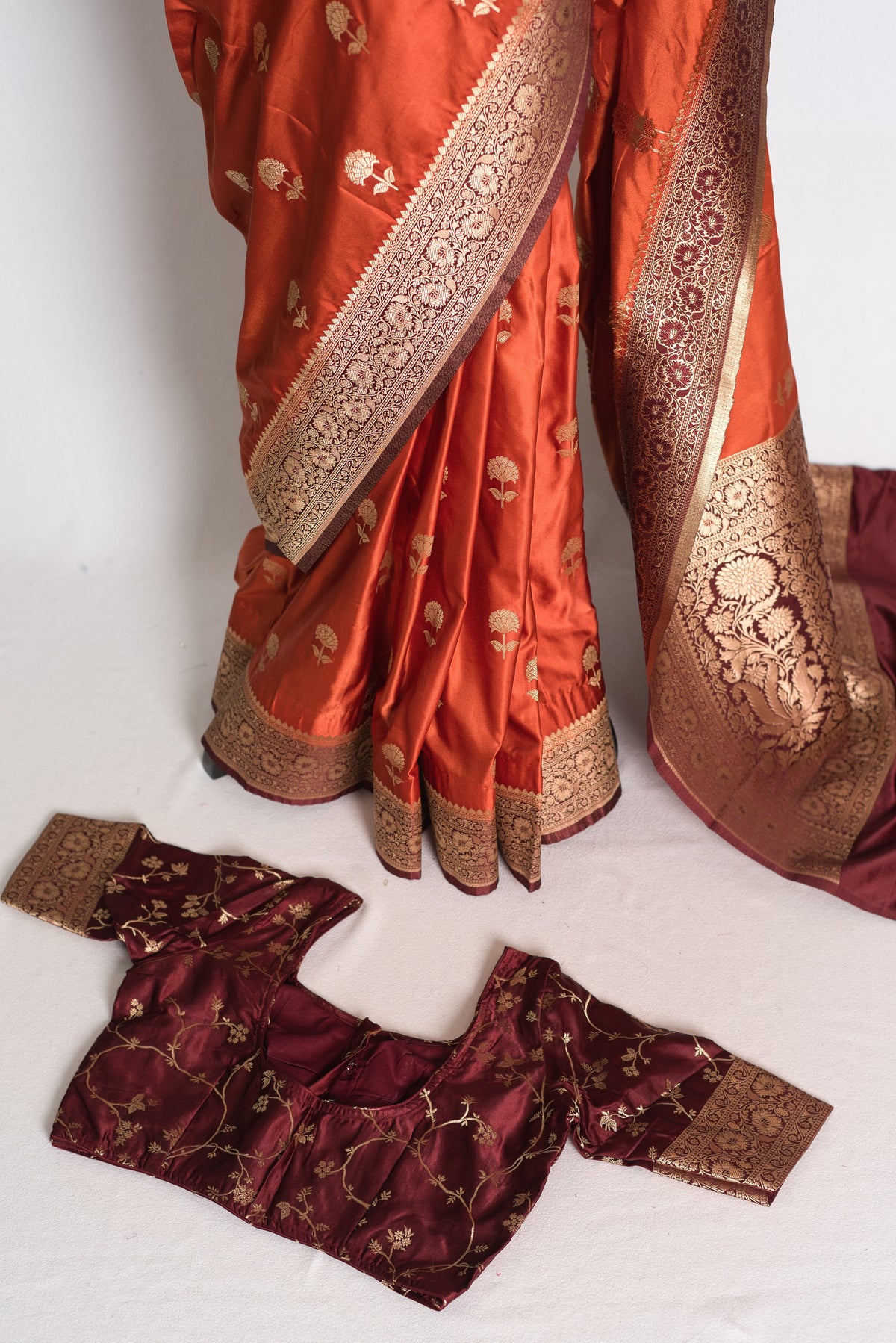 Mati: Rust Orange and Brown Semi Mashru Silk Banarasi Saree with 36 Size Blouse
