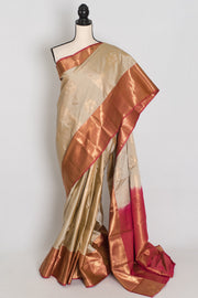 Rama : Mud White & Brick Red Contrast Semi Silk Kanjivaram Saree