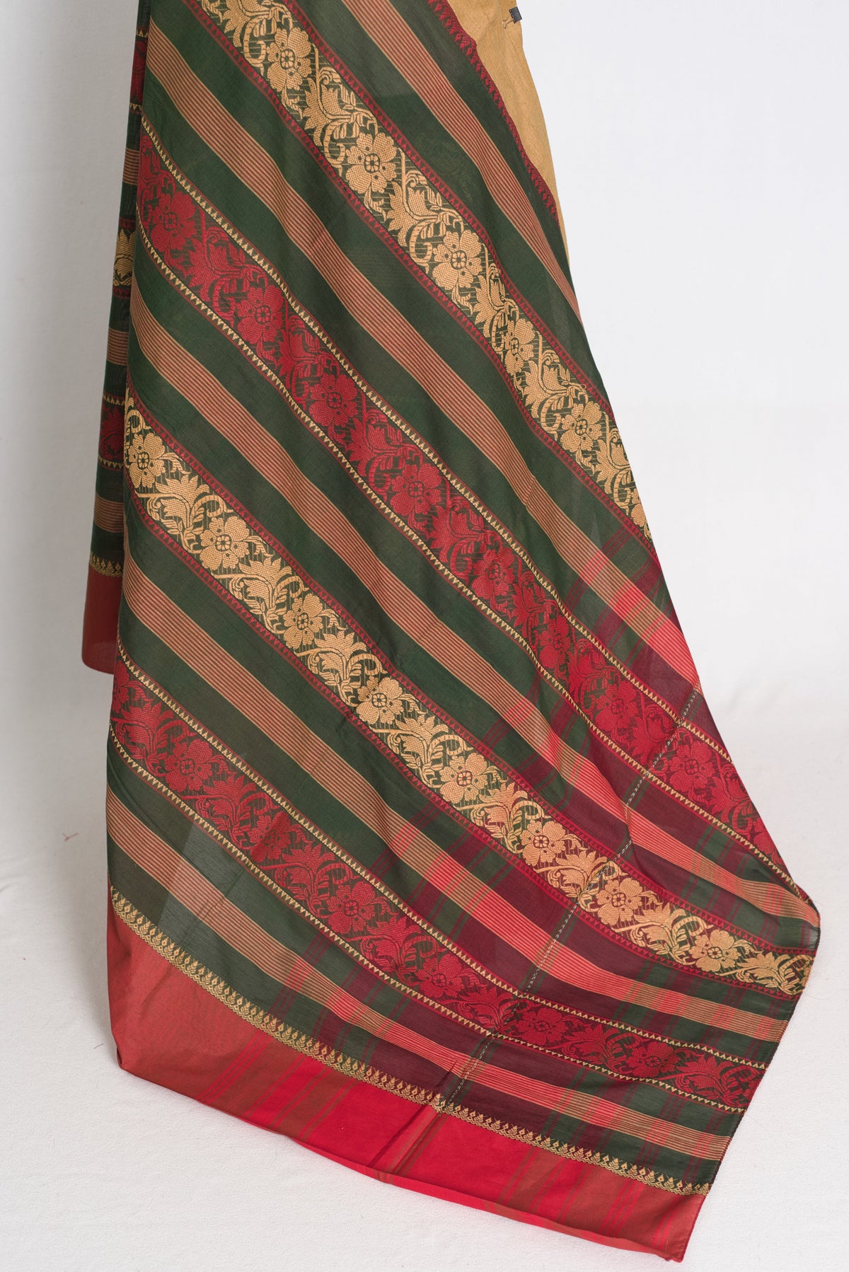 Ajanta : Bottle Green and Red Dhaniakhali Bengal Handloom Pure Soft Cotton Saree