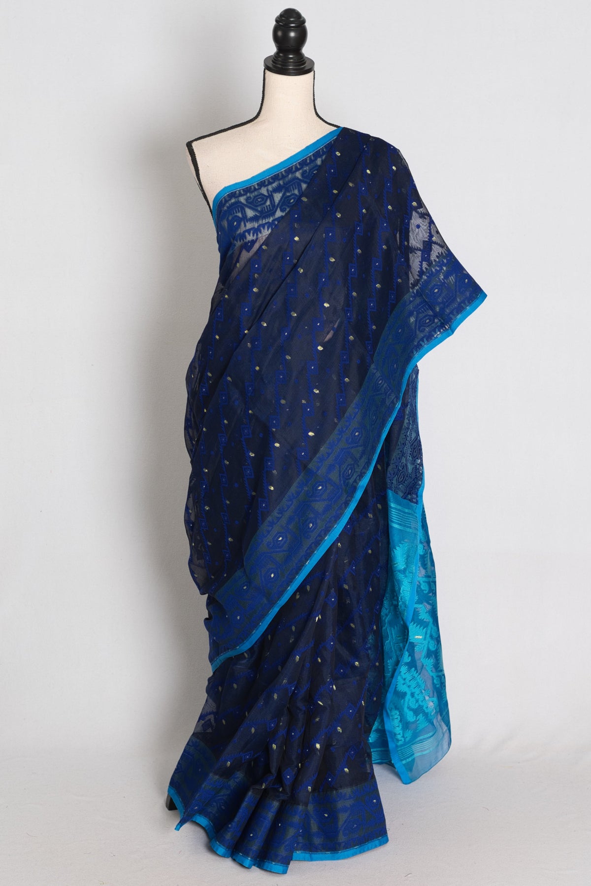 Neela : Midnight Blue & Turquoise Soft Blended Cotton Jamdani Saree