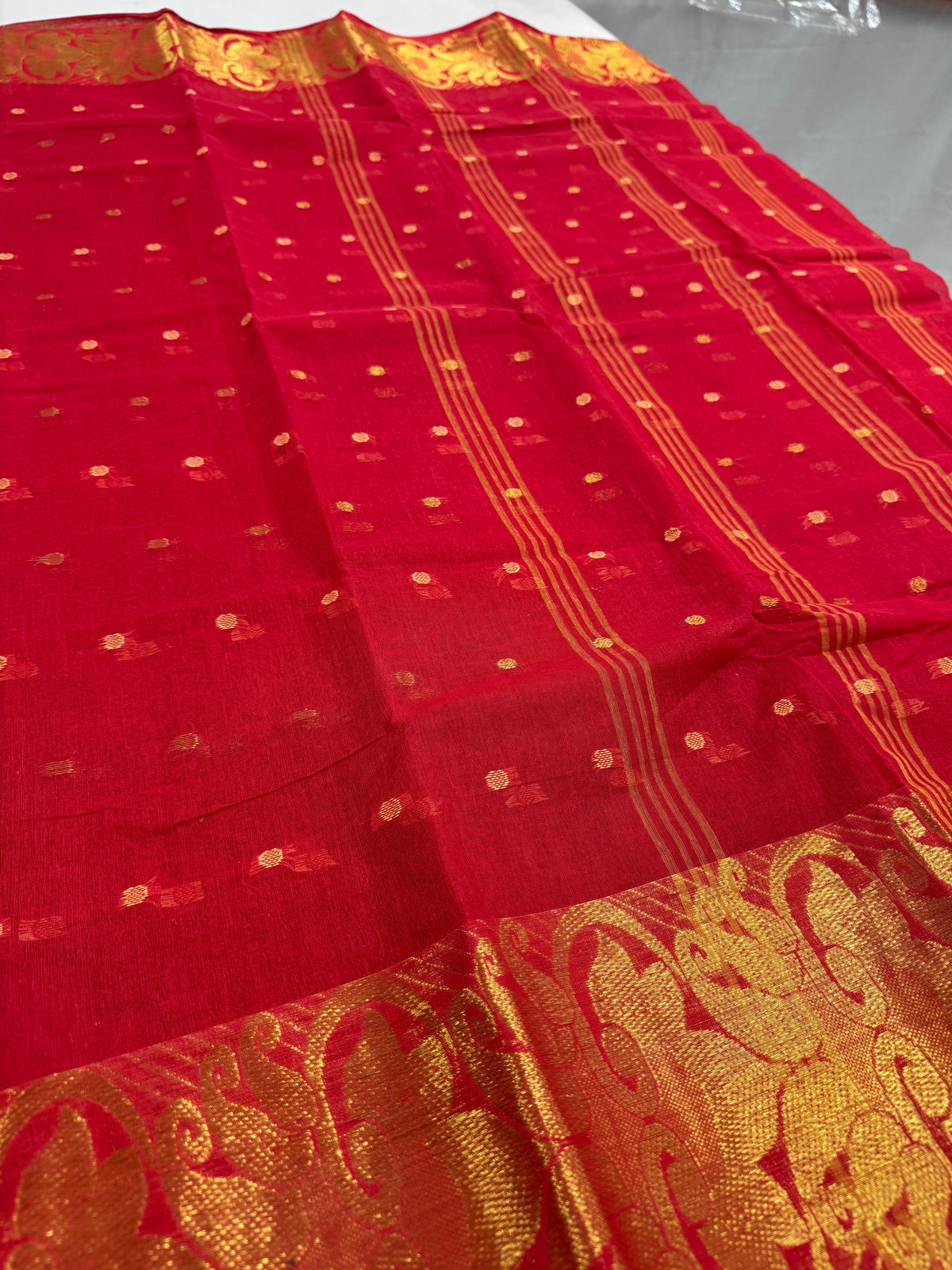 Apala : Crimson Red and Gold Bengal Handloom Pure Cotton Tant Saree