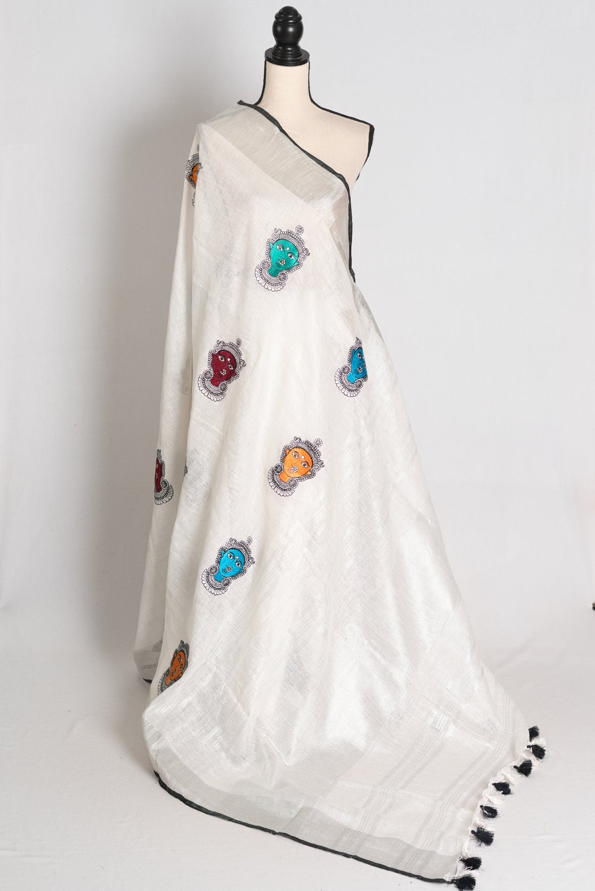 Durga : White Pure Linen Saree with Colorful Durga Face Machine Embroidery