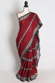 Mati : Dark Red and Black Dhaniakhali Bengal Handloom Pure Soft Cotton Saree