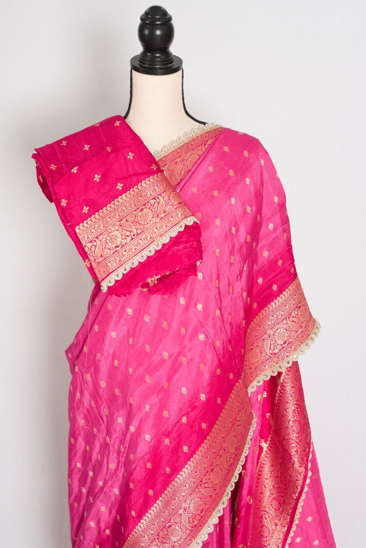 Abira | Pink & Gold Dola Silk Banarasi Saree | Designer Stitched Lace Border