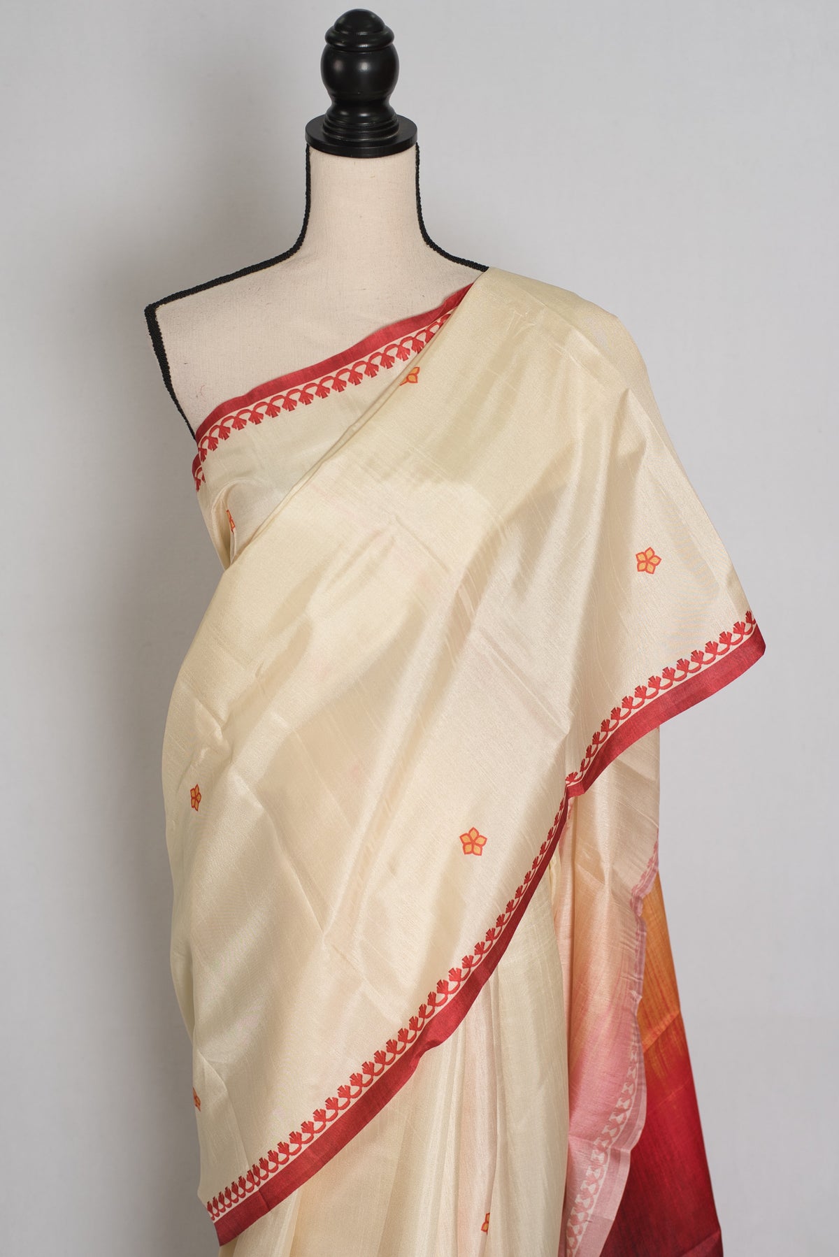 Durga: Cream and Red Semi Silk Printed Durga Puja Saree