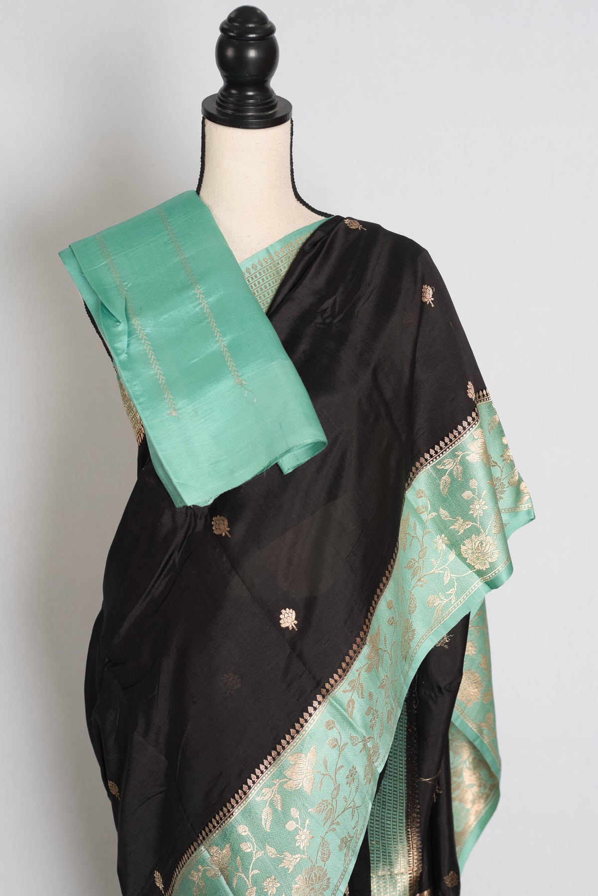 Jyothi : Jet Black & Pastel Sea Green Pure Satin Silk Banarasi Saree