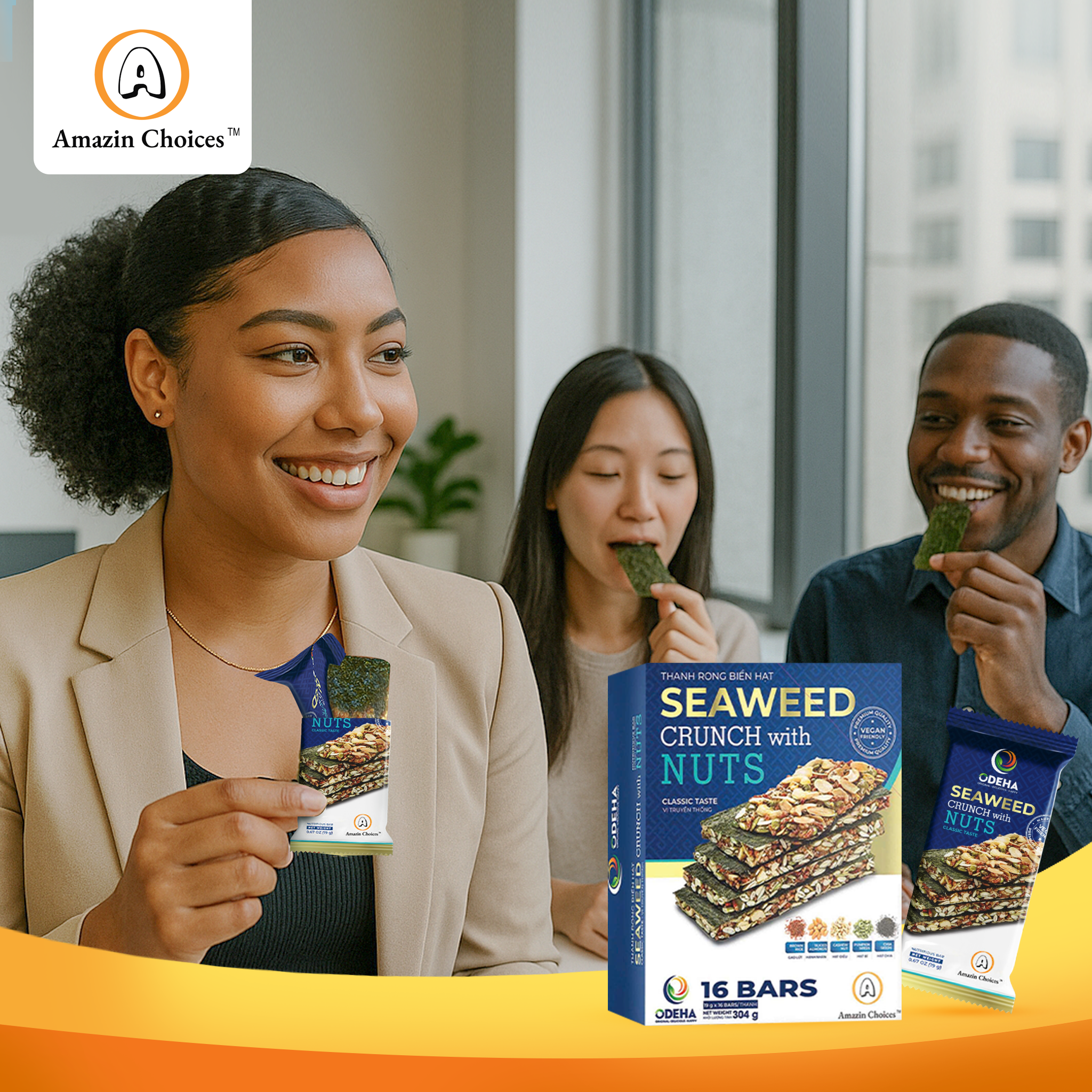 Amazin Choices Premium Seaweed & Nut Snack Bars (2 Boxes, 32 Bars) with a Curated Vietnamese Snack Collection: Soft Dried Spicy Mango, Soft Dried Guava & Toasted Coconut Crackers