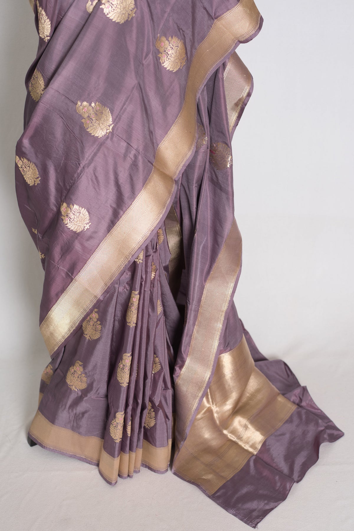 Sudha: Mauve and Gold Banarasi Katan Silk Saree with 40 Size Stitched Blouse