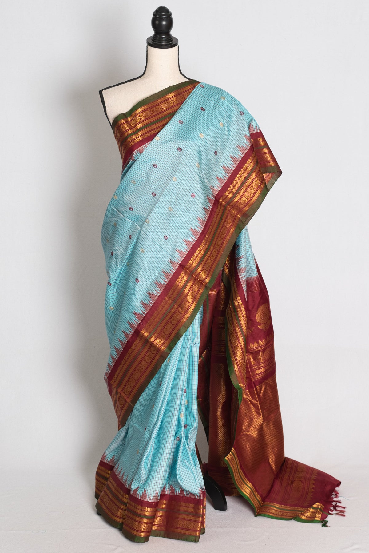 Naheed : Sky Blue and Maroon Micro Checks Handloom Gadwal Silk Saree