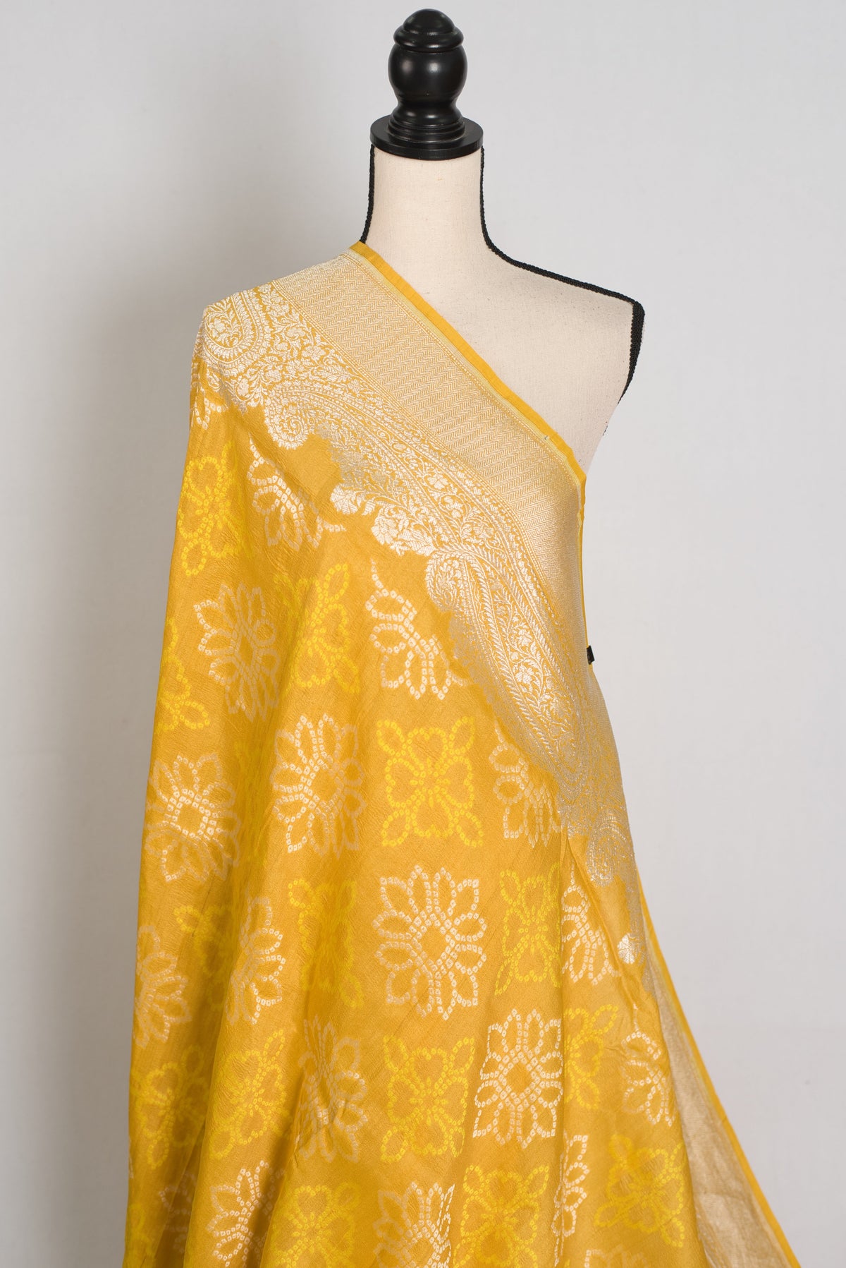 Gauri : Yellow Bandhani Tussar Georgette Banarasi Saree | Silk Mark Certified