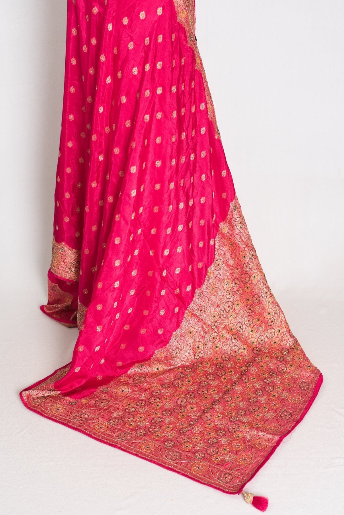 Afrin Pink and Gold Hand Embroidered Banarasi Saree with 36 Size Stitched Blouse