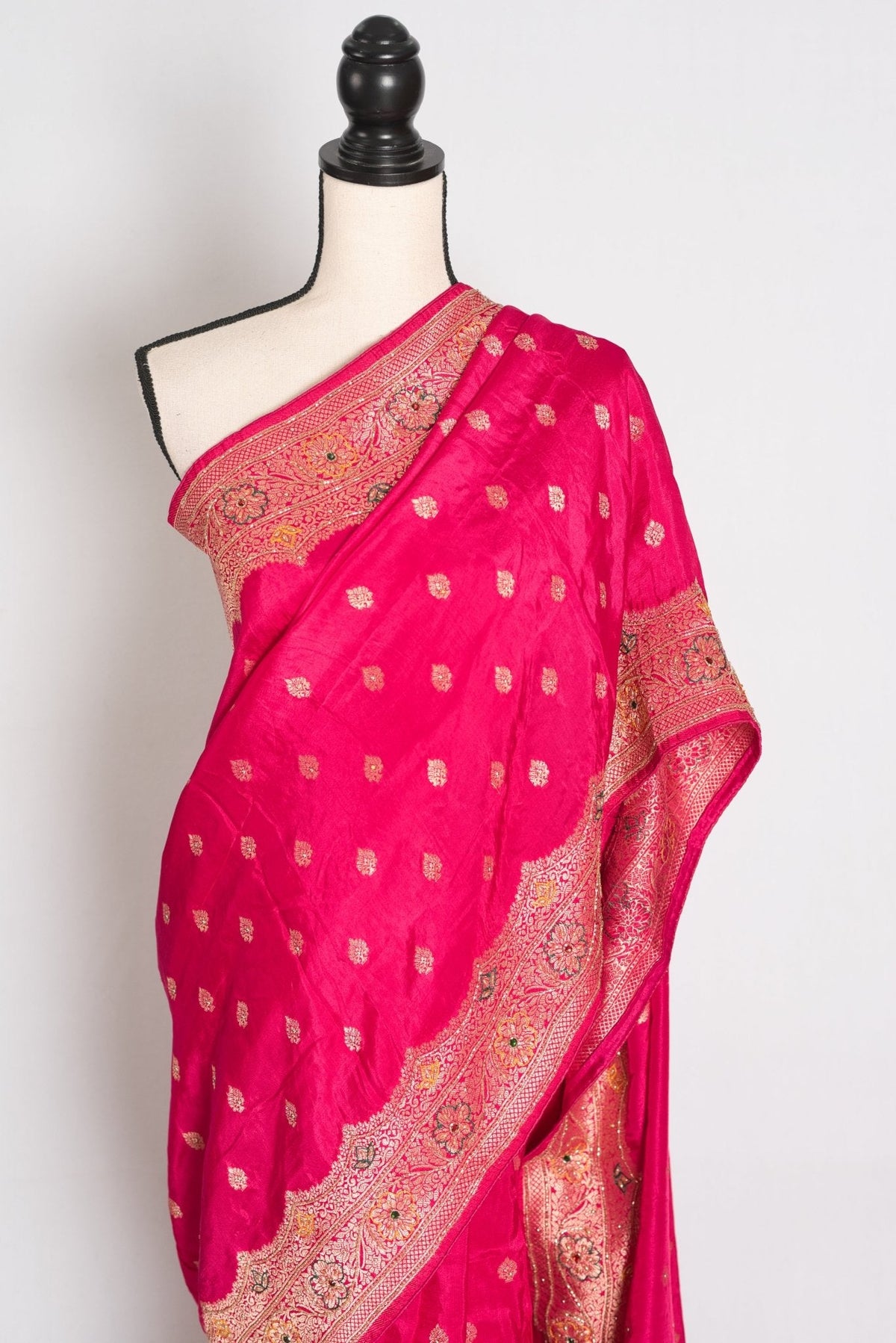 Afrin Pink and Gold Hand Embroidered Banarasi Saree with 36 Size Stitched Blouse