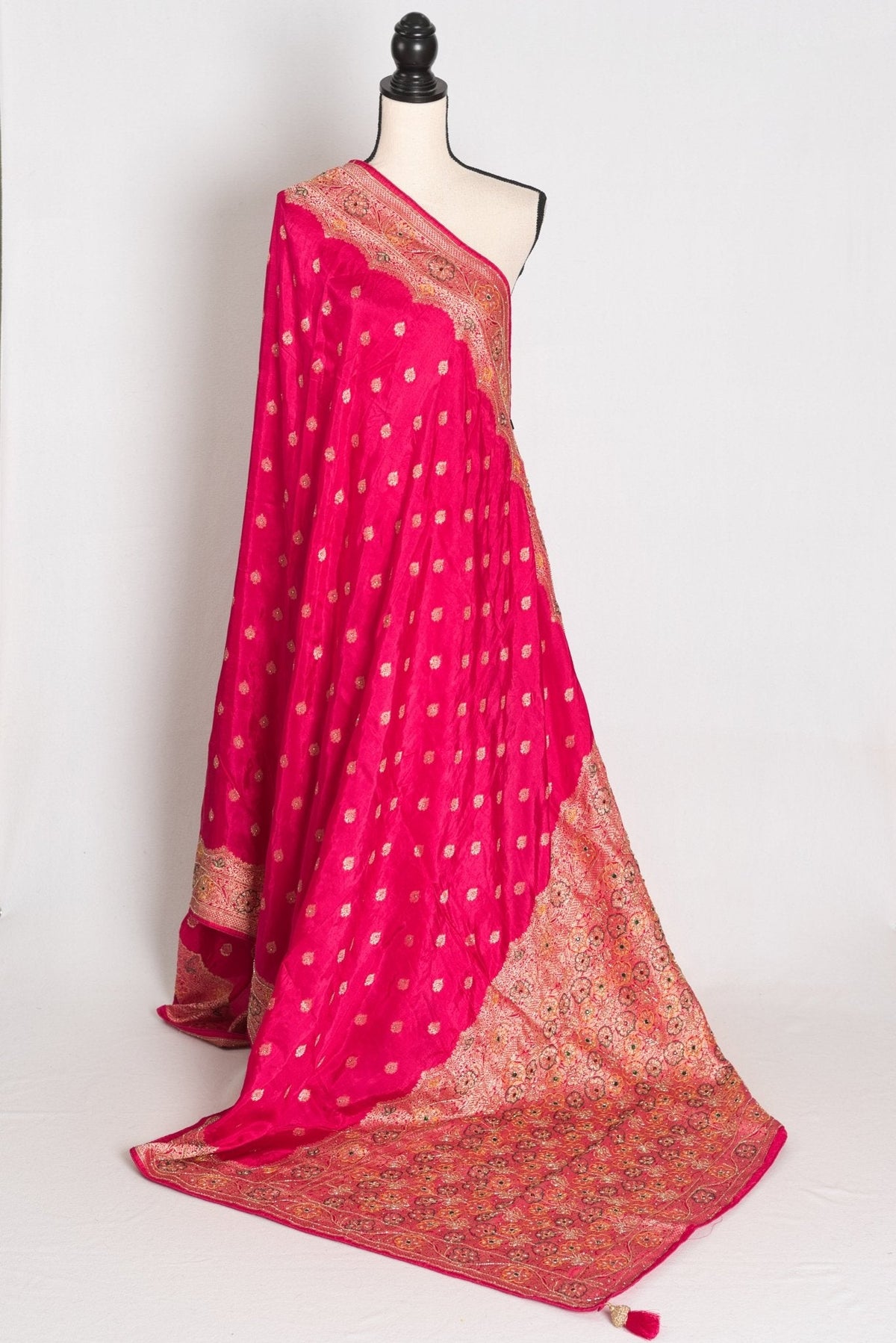 Afrin Pink and Gold Hand Embroidered Banarasi Saree with 36 Size Stitched Blouse