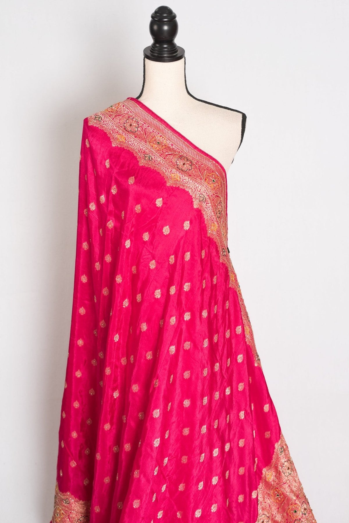 Afrin Pink and Gold Hand Embroidered Banarasi Saree with 36 Size Stitched Blouse