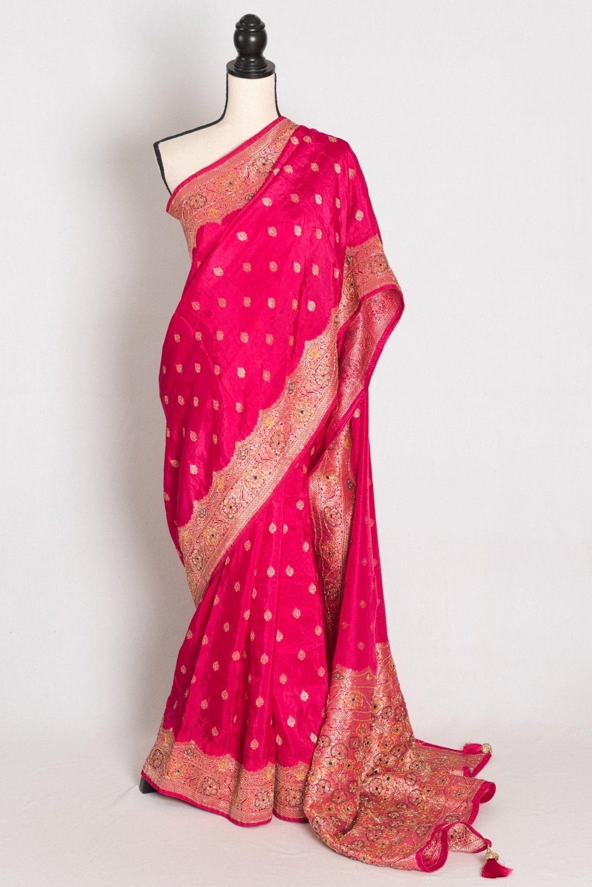 Afrin Pink and Gold Hand Embroidered Banarasi Saree with 36 Size Stitched Blouse