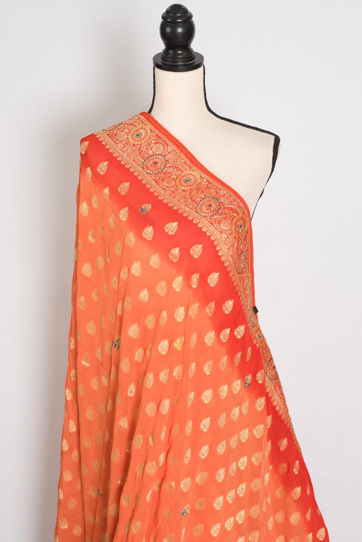 Anisha | Orange Semi Khaddi Georgette Banarasi Saree | Embroidery Work