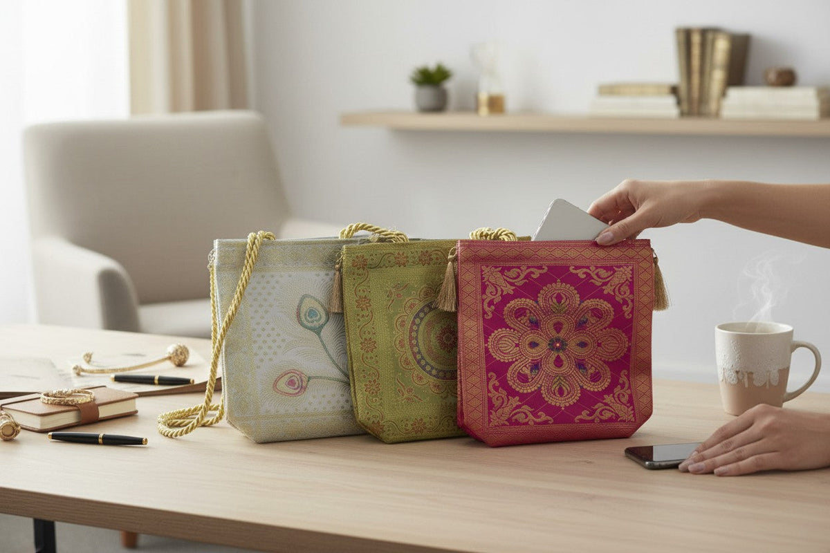 Banarasi Silk Bags with Zipper & Handle (Assorted)
