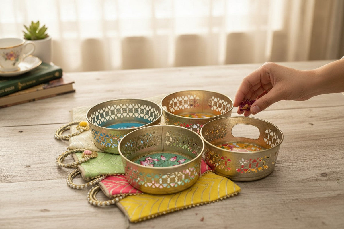 Combo - Designer Floral Print Tray with Gota Bag