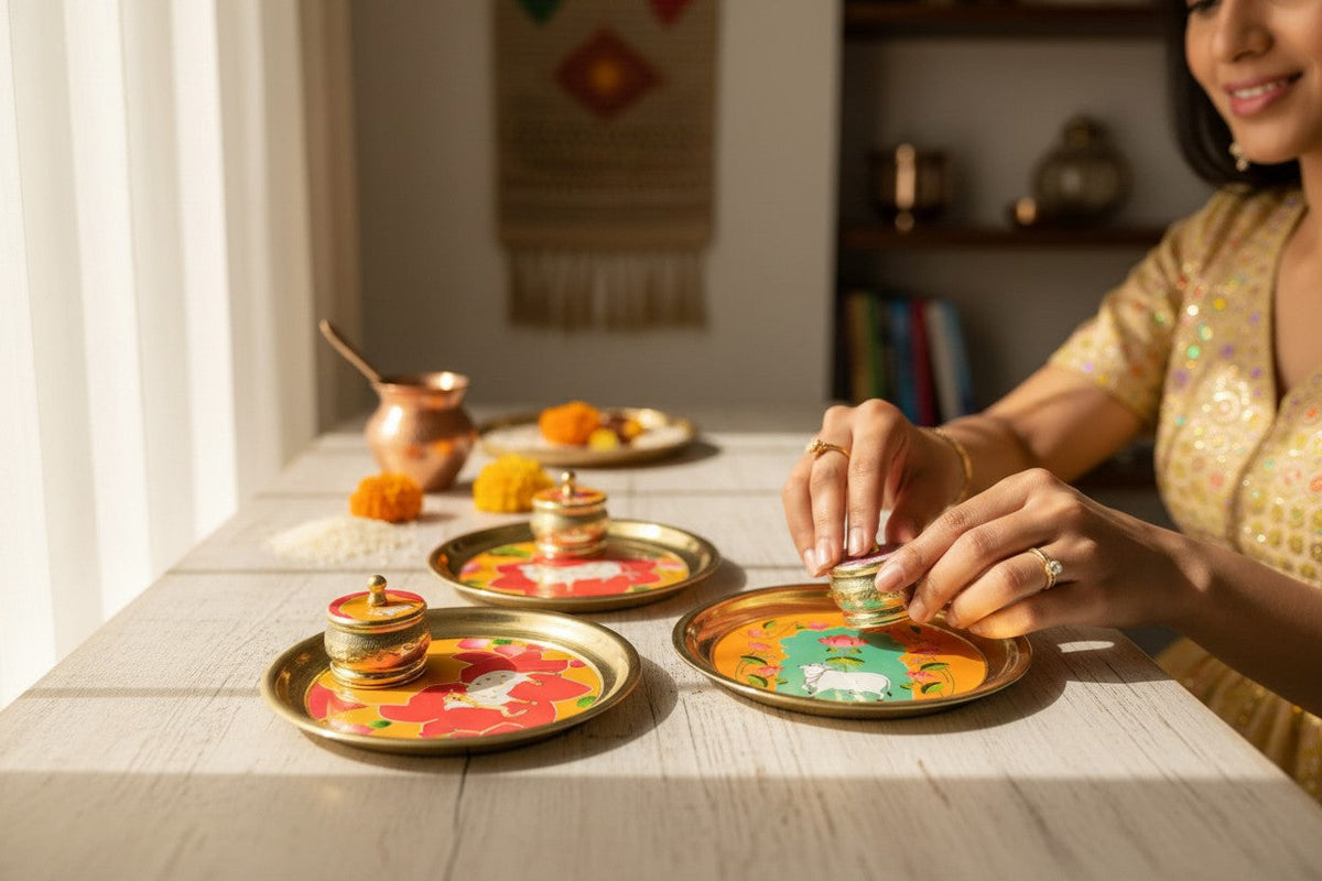 Metal Golden Pichawai Design Plate & Dibbi with Enamel Finish (Assorted)