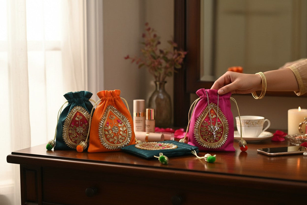 Small Gota Potlis with Gota Ball String to Pack Gifts in Style - 5x7