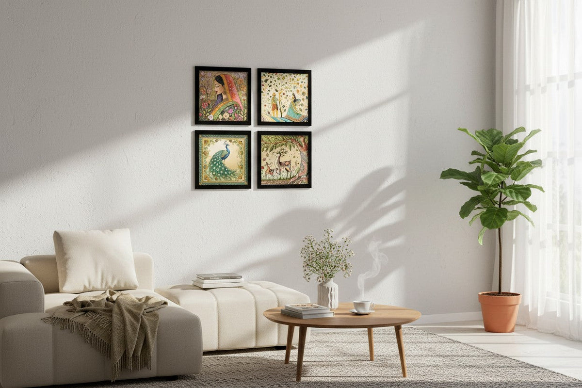 Set of 4 Art Framed Painting For Home, Living Room, Hall | Traditional Rajasthani Pichwai Art Paintings With Frame For Home Decor