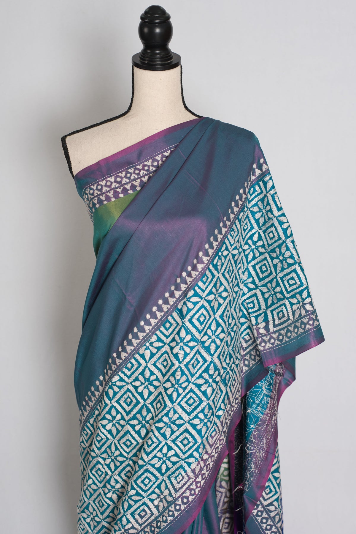 Kavitha : Tri-Color Hand Embroidered Kantha Stitch Bishnupur Blended Silk Saree