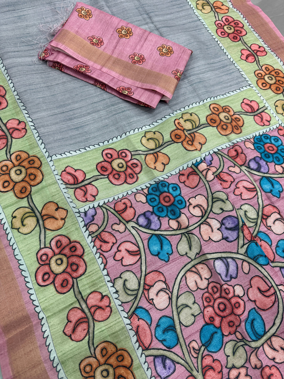 Nisha: Steel Gray & Dusty Pink Semi Tussar Saree | Floral Kalamkari Print