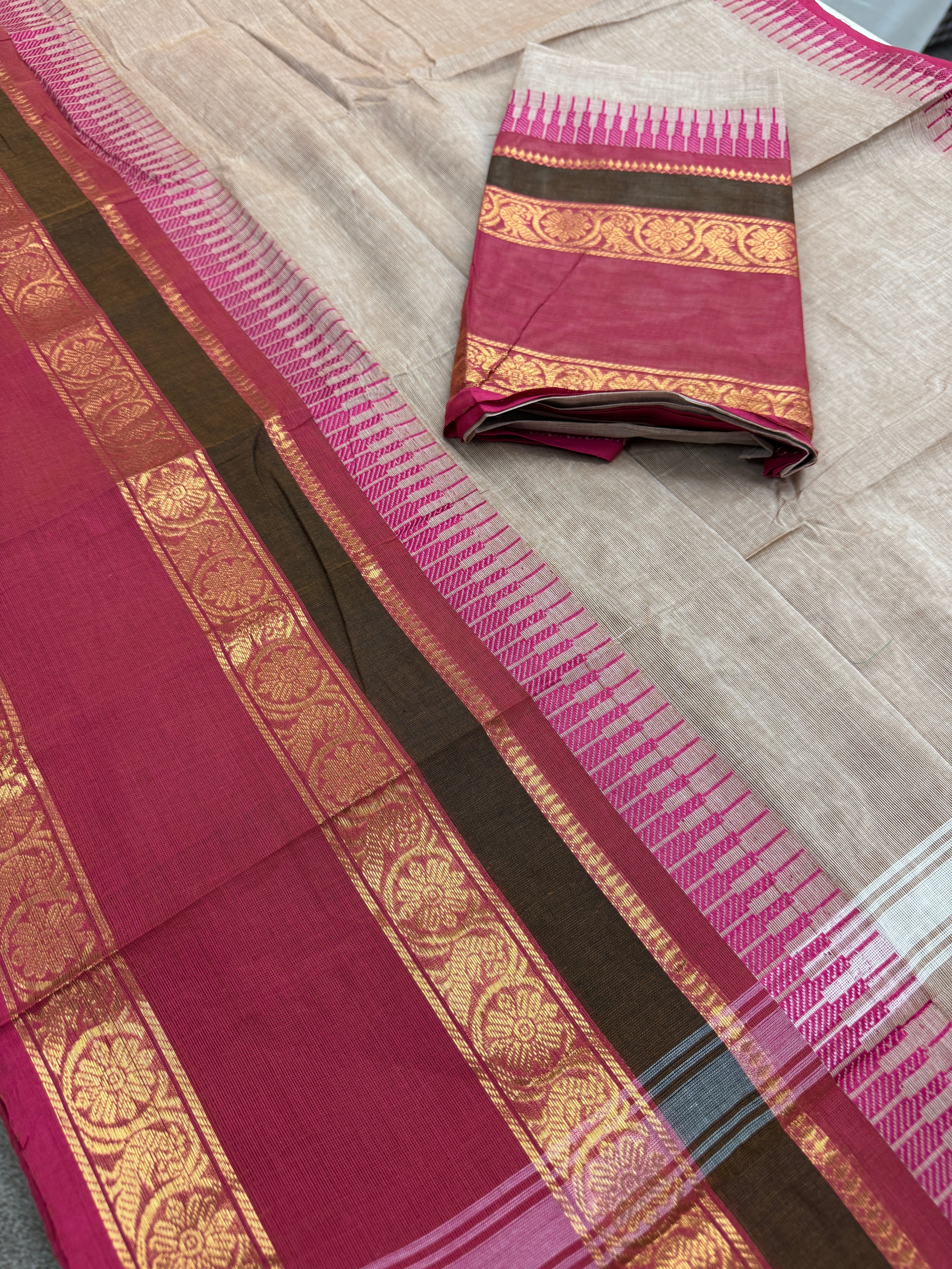 Avvai : Light Brown Kanchi Cotton Saree - Handwoven South Indian Elegance