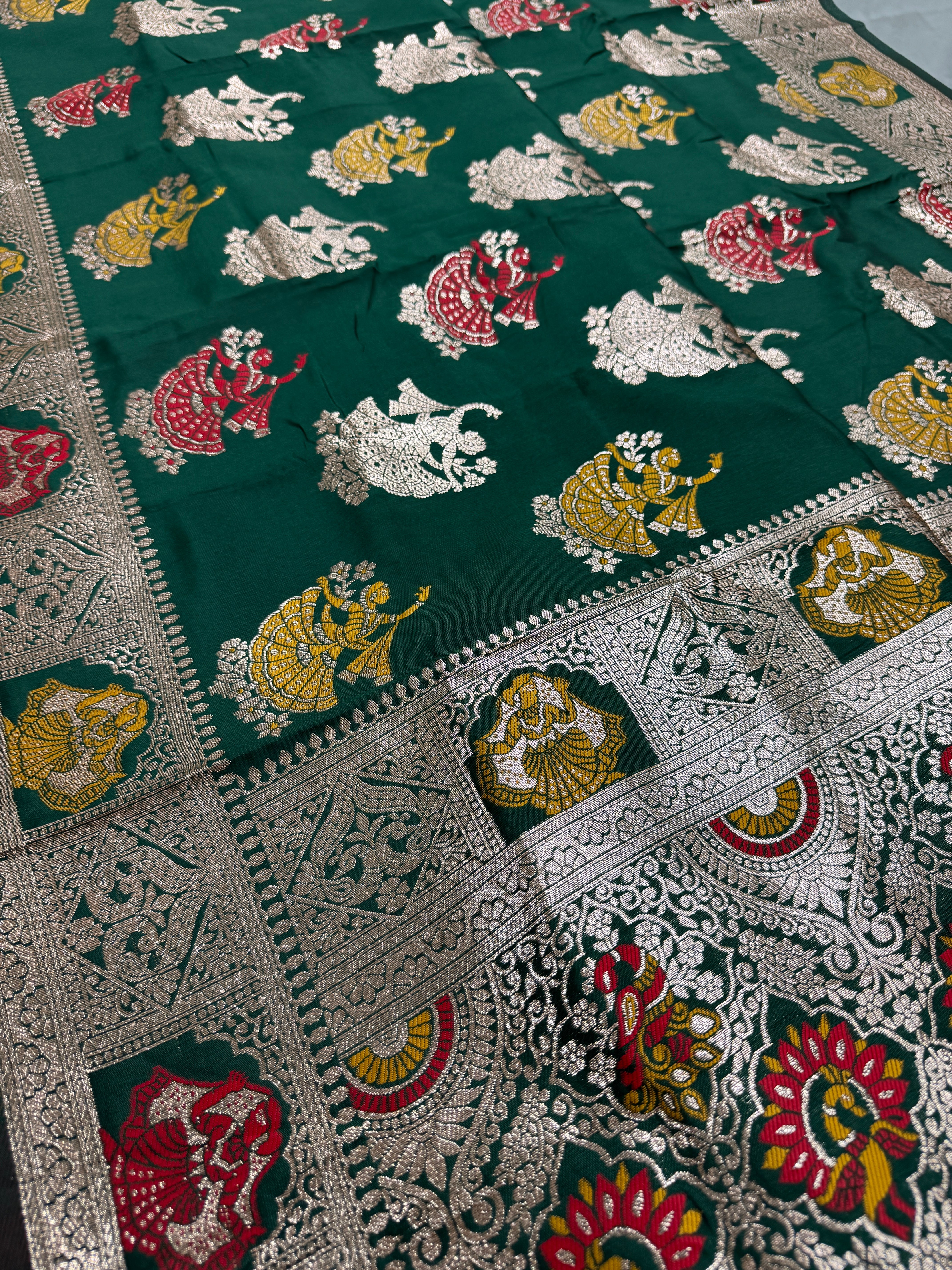 Rupa : Bottle Green Budget Friendly Baluchari Saree in Blended Silk