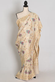 Reena : Beige & Gold Tussar Georgette Banarasi Saree with Minakari Floral Jaal