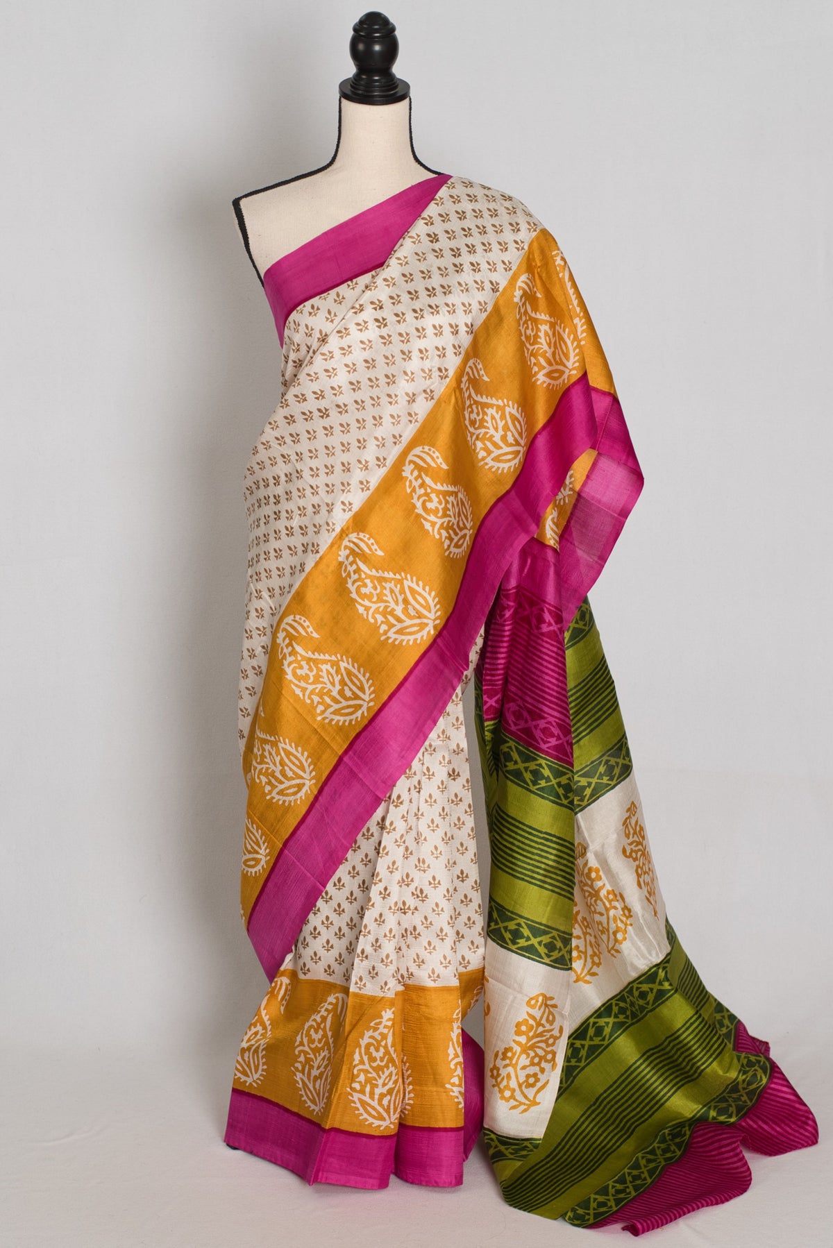 Basanti : Off-White, Pink and Yellow Hand Block Printed Murshidabad Silk Saree