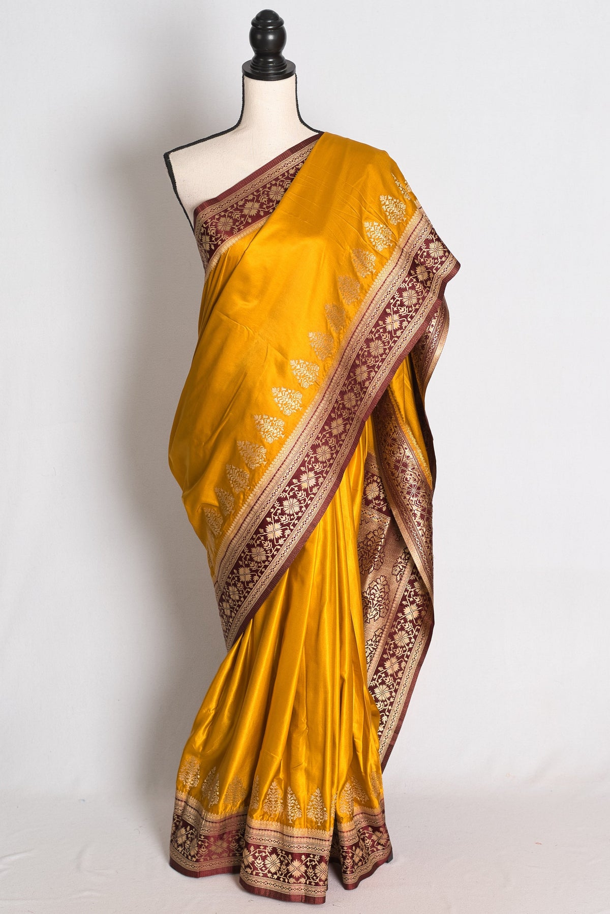 Damini: Mustard Yellow Semi Mashru Valkalam Banarasi Silk Saree