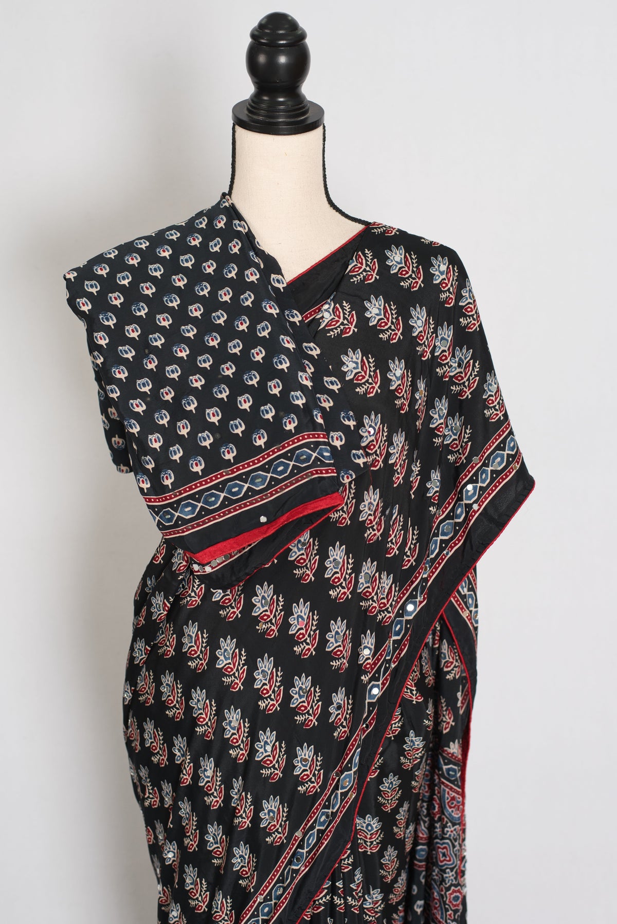 Afrin | Black Ajrakh Printed Saree | Mirror Work Semi Modal Silk
