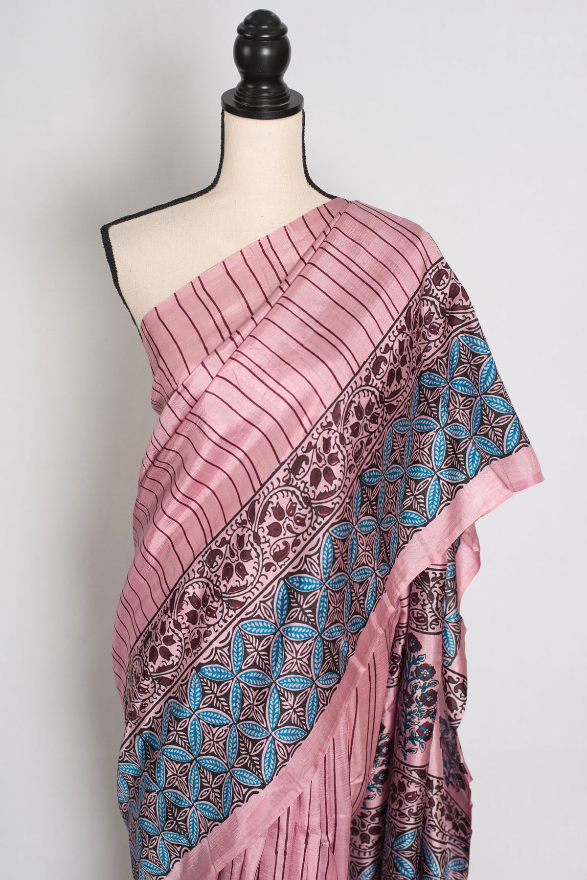 Archana : Soft Pink and Black Hand Block Printed Murshidabad Silk Saree