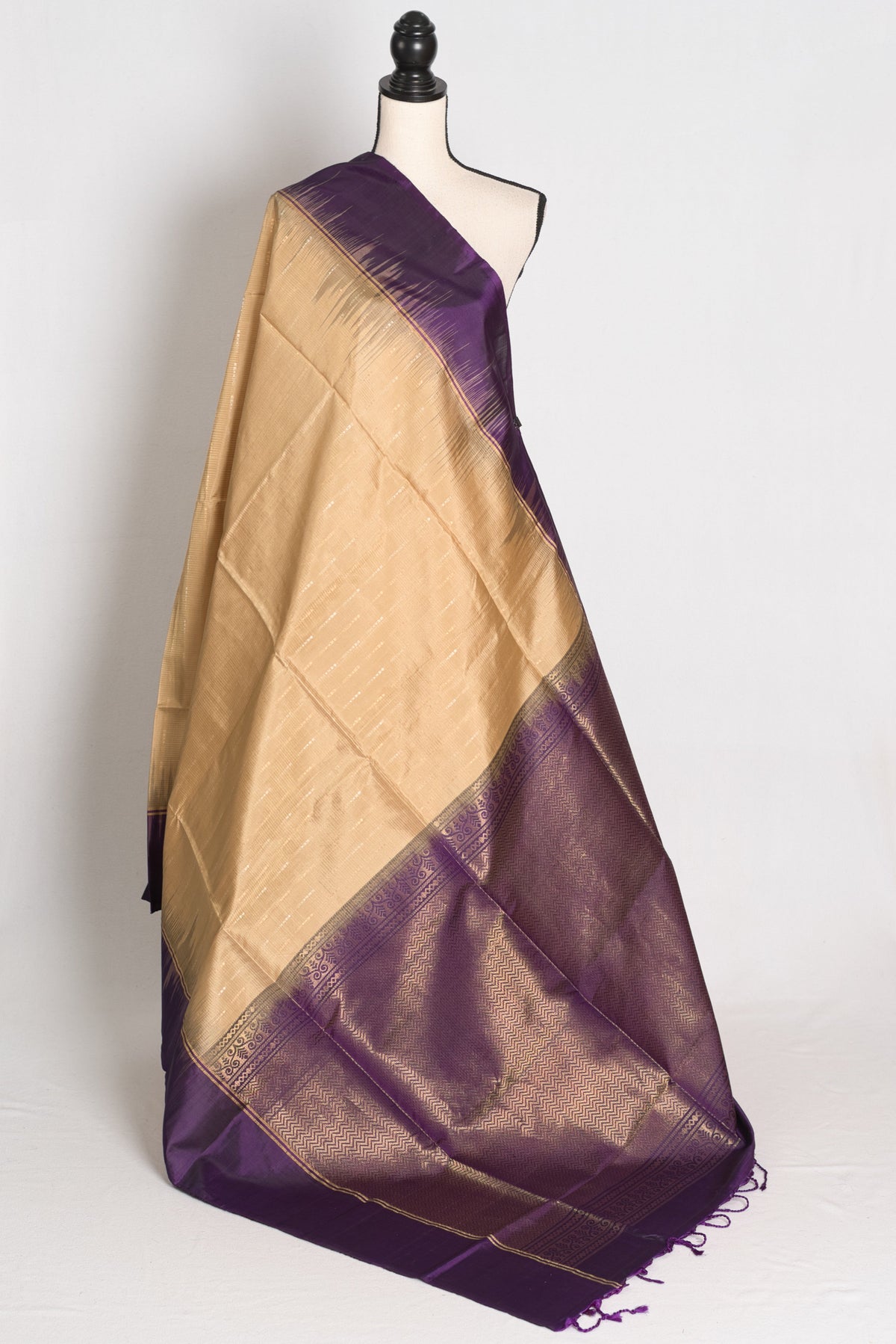 Nita : Beige and Deep Purple Lightweight Pure Kanjivaram Silk Saree