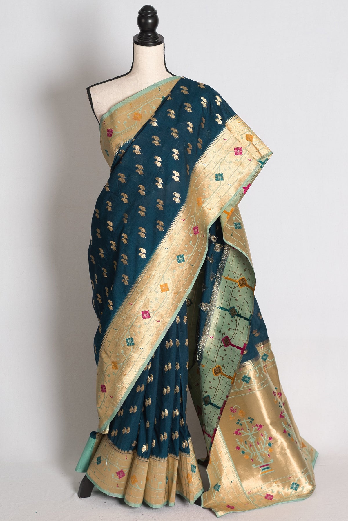 Sangiya: Blue Paithani Semi Silk Saree with Light Blue Border