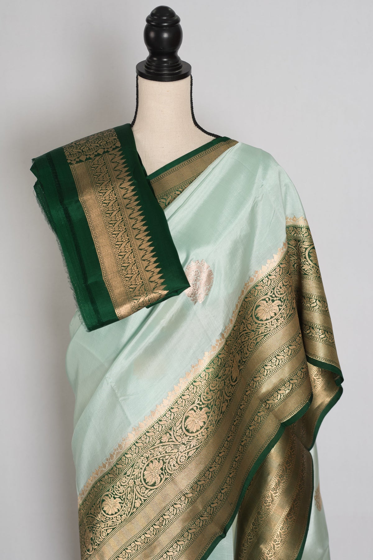 Anisha : Mint Green and Bottle Green Satin Pure Silk Banarasi Saree | Silk Mark