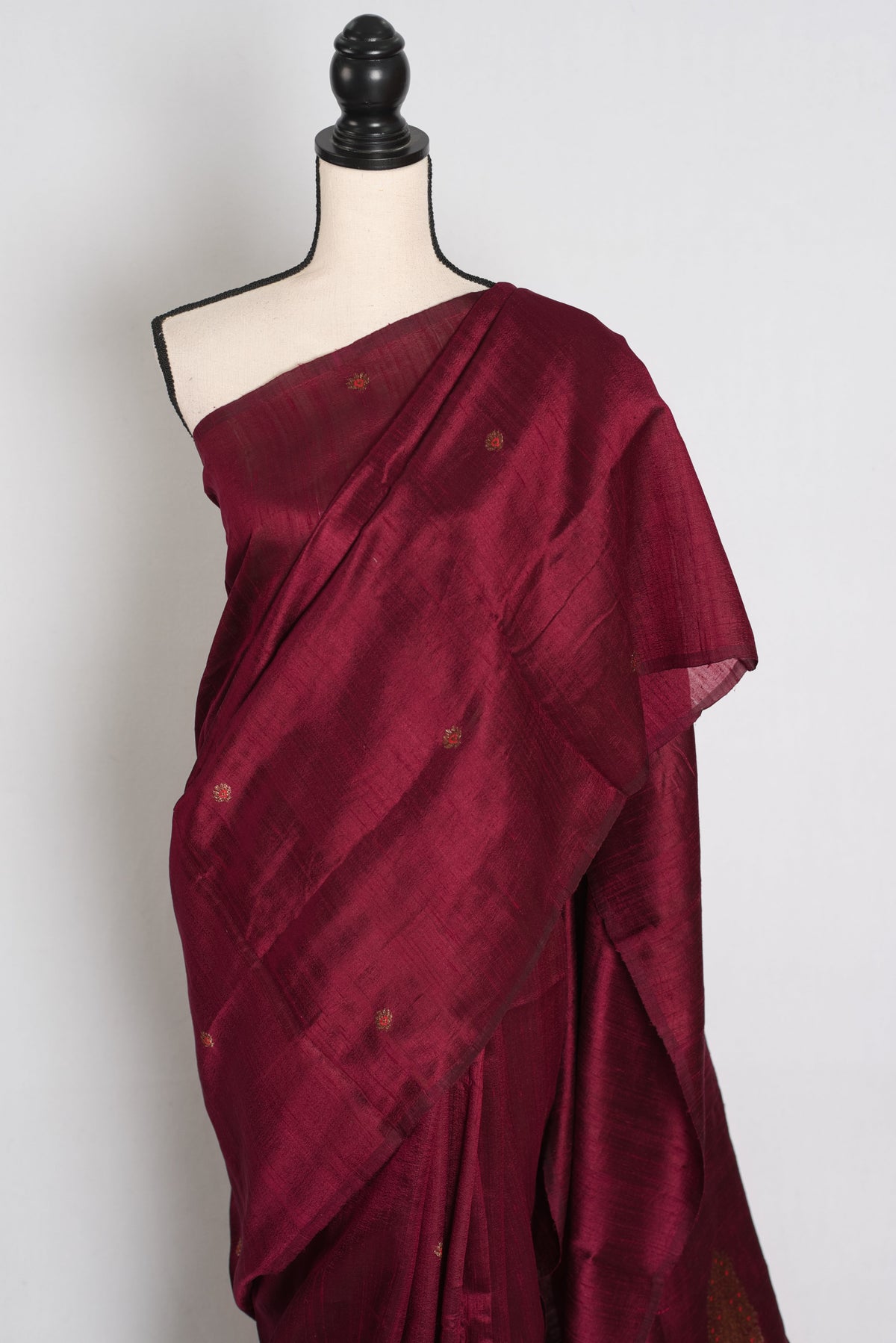 Shital : Maroon Borderless Pure Raw Silk Banarasi Saree | Antique Gold