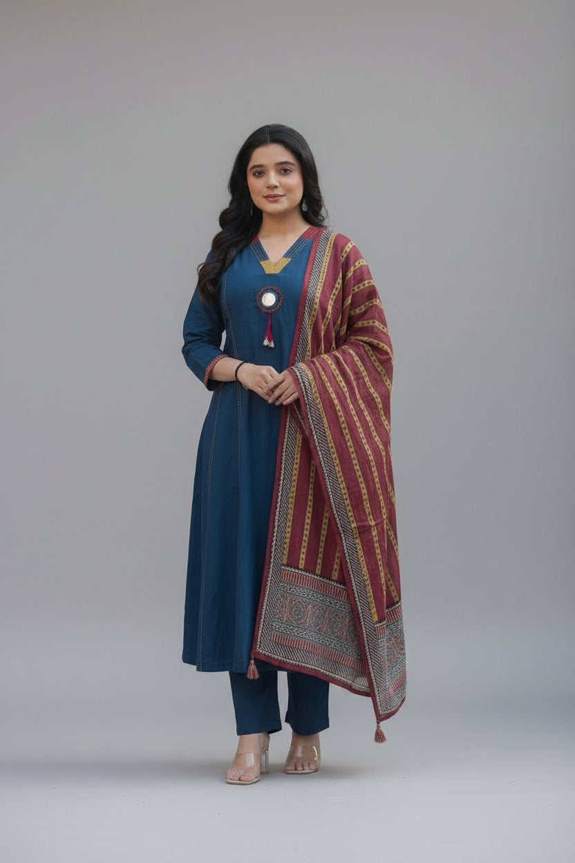 Elegant Navy Blue Kurta Set with Mirror Work & Traditional Striped Dupatta