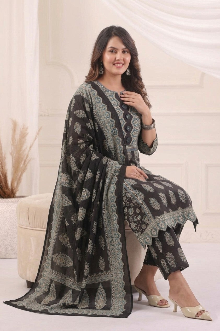 Elegant Black & Teal Floral Block Print Kurta Set – Premium 3-Piece Ethnic Wear