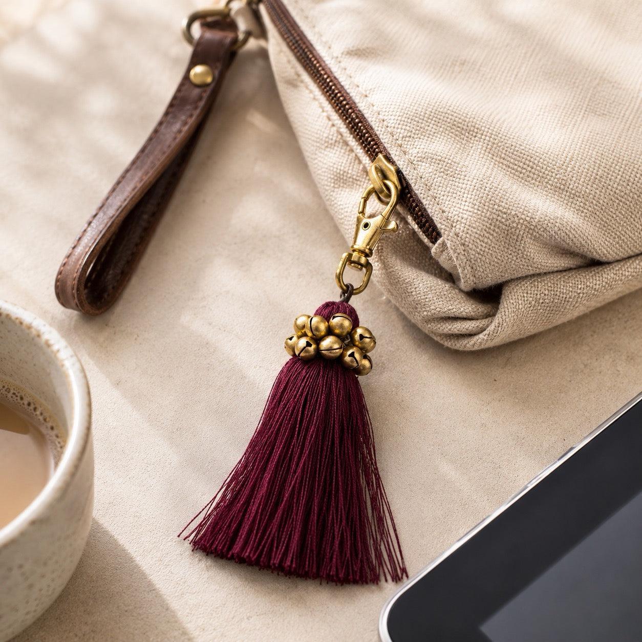 Fair Trade Cotton Tassel Zipper Pull with Bells | Handmade Keychain or Bag Charm from Thailand