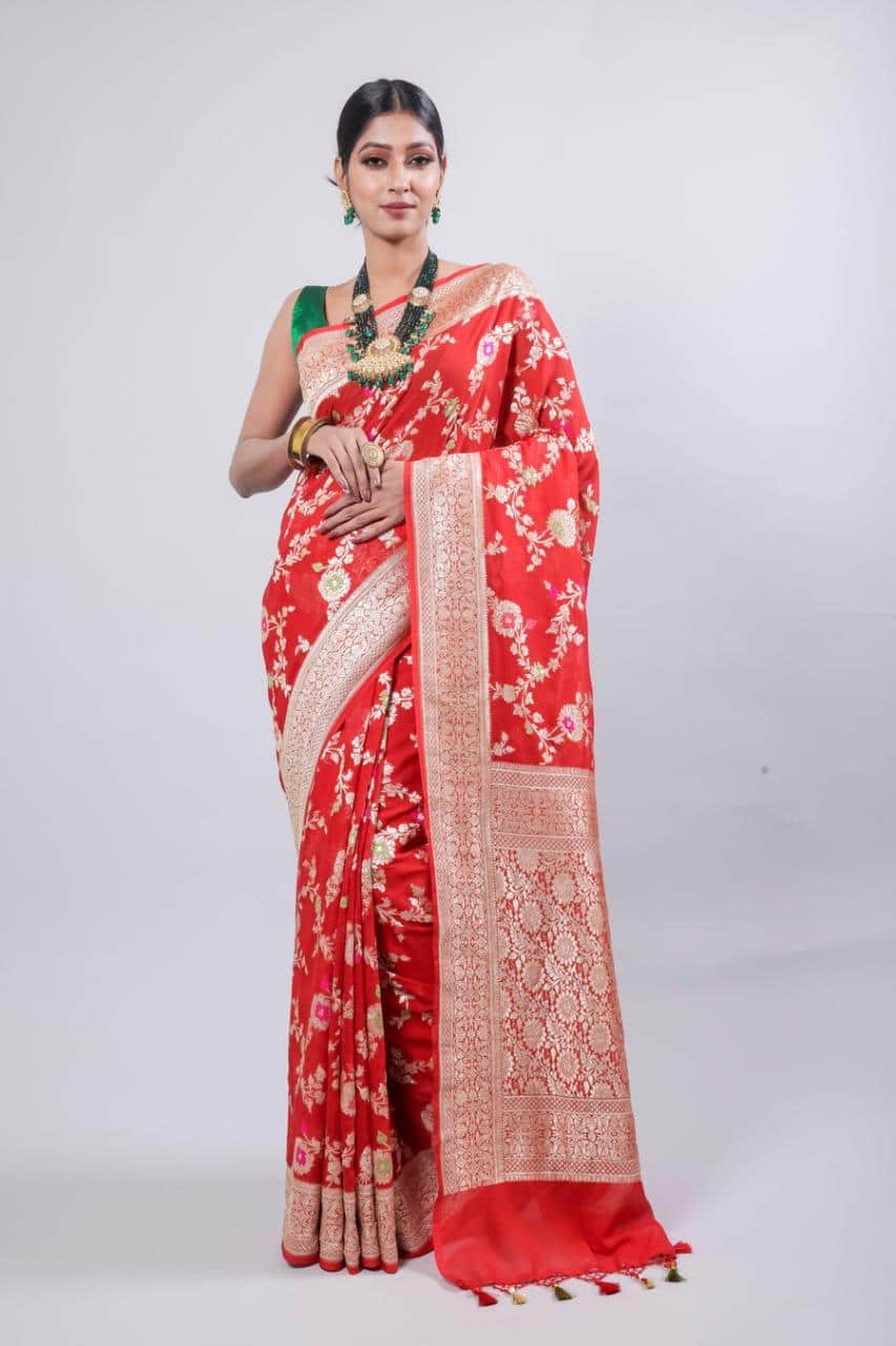 Banarasi Handloom Khaddi Georgette Silk Saree With Real Water Zari Weaving Work