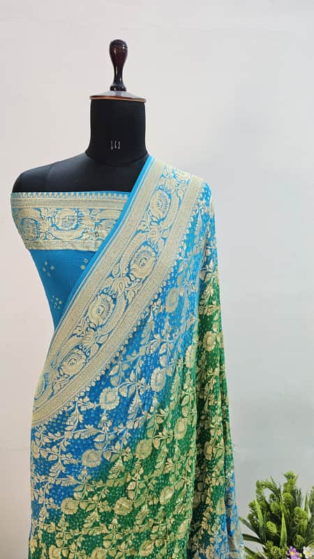 Banarasi Pure Handloom Khaddi Georgette Double Shade Bandhani Silk Saree