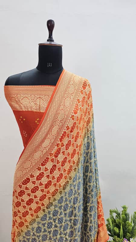 Banarasi Pure Handloom Khaddi Georgette Double Shade Bandhani Silk Saree