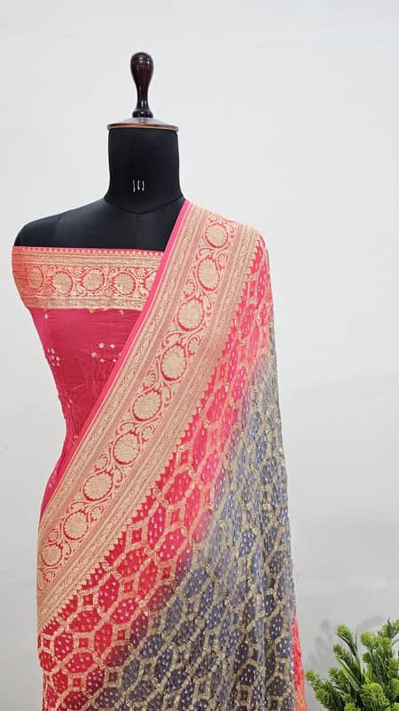 Banarasi Pure Handloom Khaddi Georgette Double Shade Bandhani Silk Saree