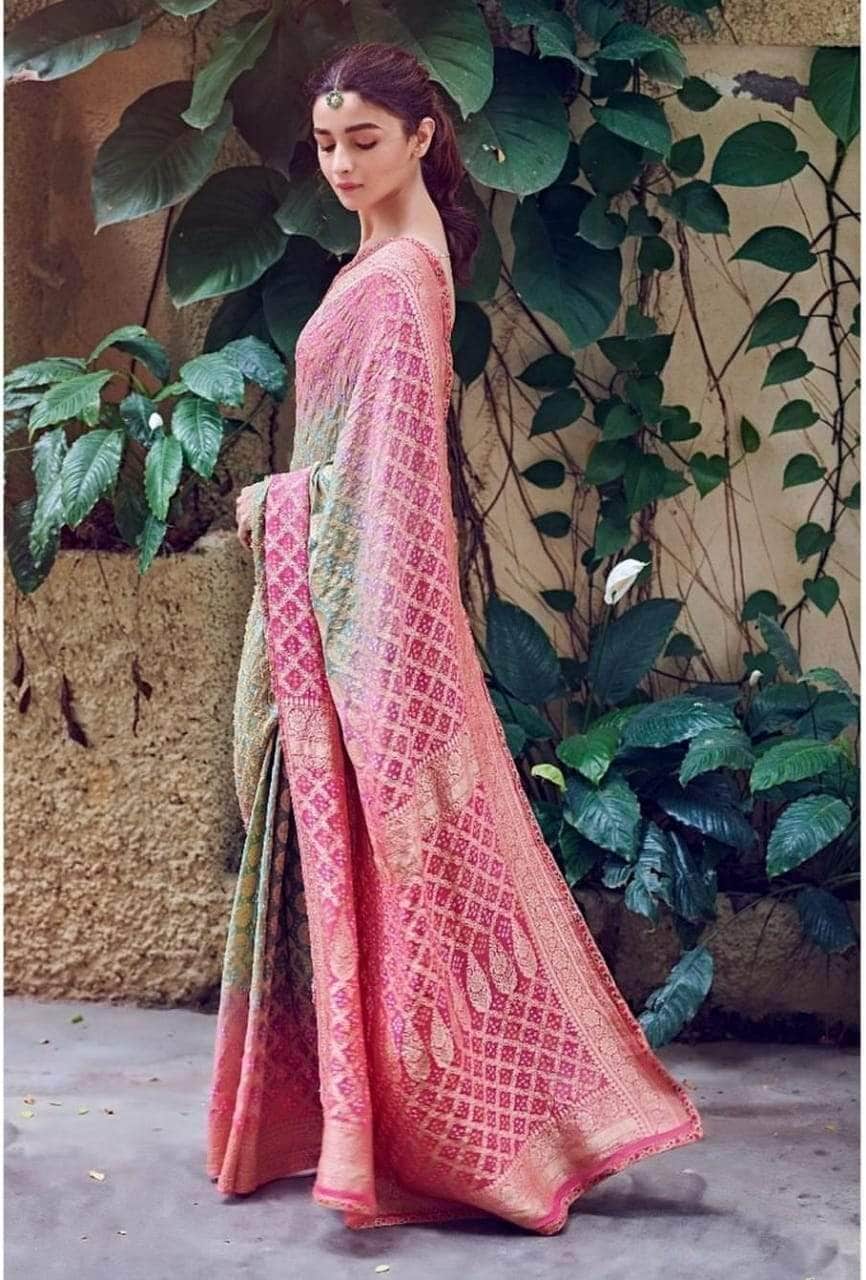 Banarasi Pure Handloom Khaddi Georgette Double Shade Bandhani Silk Saree