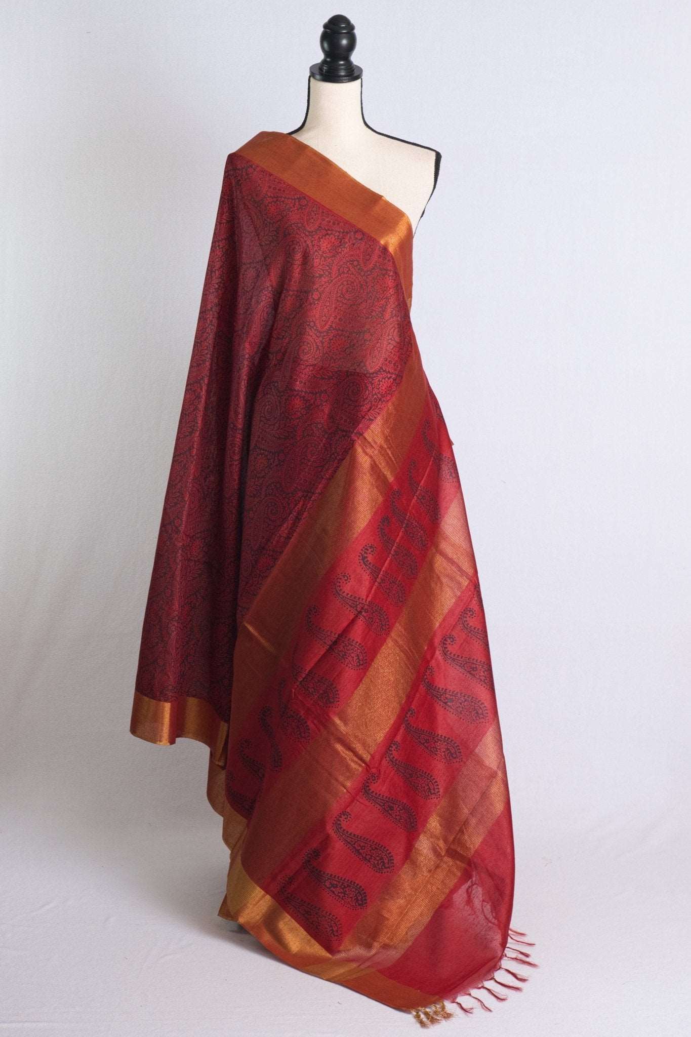 Baswara Tussar Block Printed Saree in Dark Red and Black