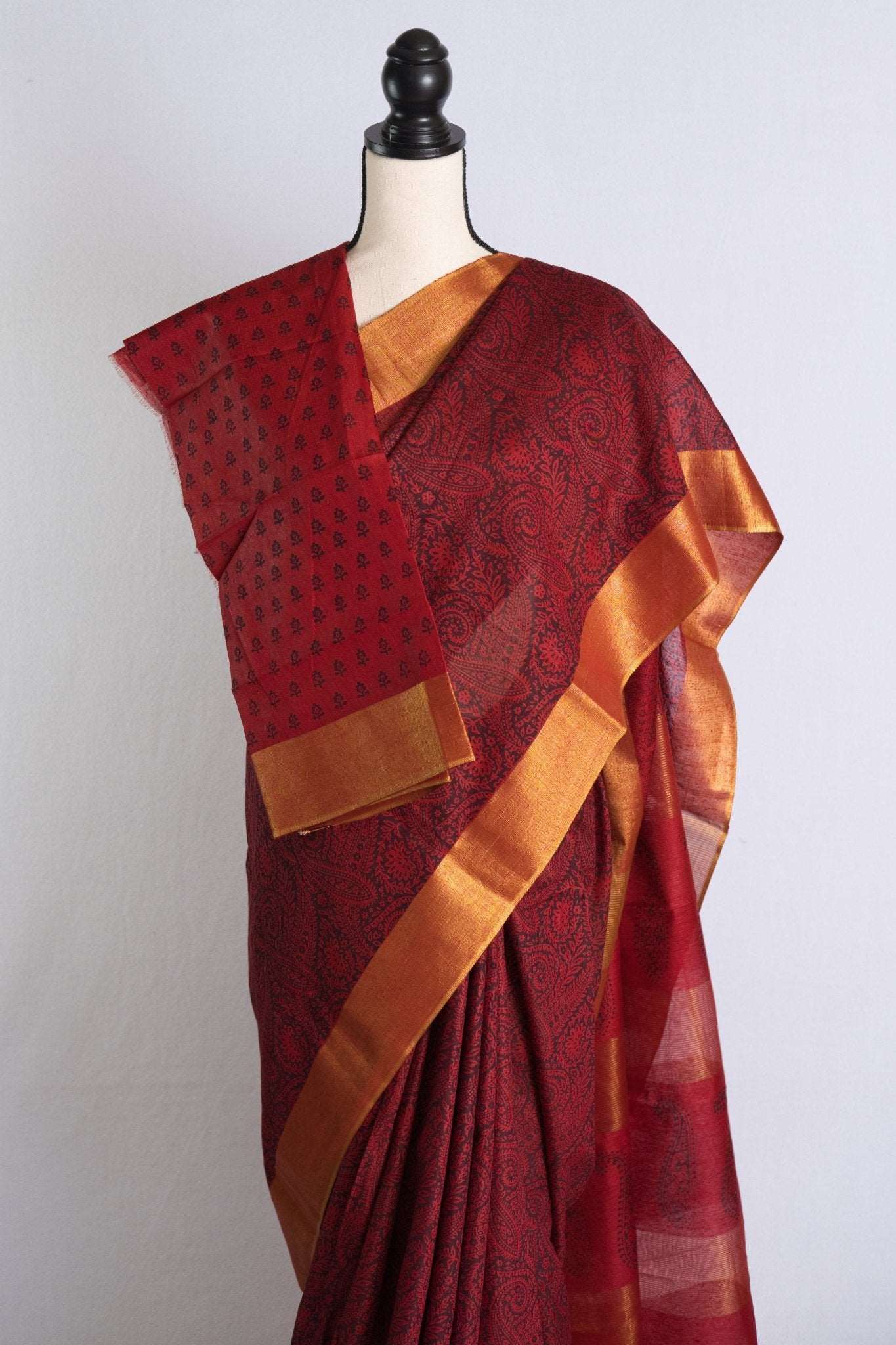 Baswara Tussar Block Printed Saree in Dark Red and Black