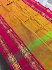 Vrinda : Handwoven Kanchi Cotton Saree in Orangish Yellow with Rani Pink